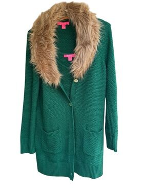 Lilly Pulitzer Kildare Evergreen Knit Sweater Set Faux Fur Collar Size M